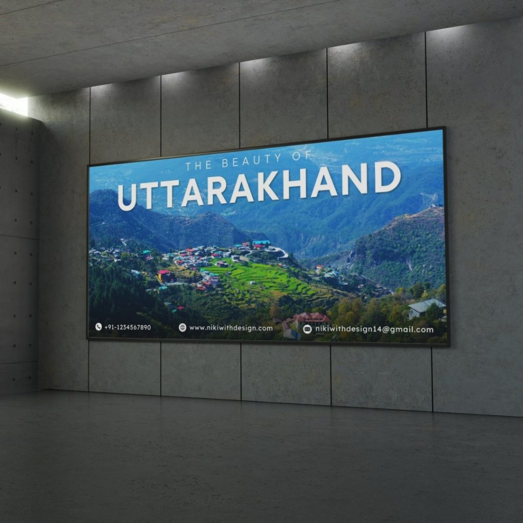 Editable Canva travel banner template showcasing the scenic beauty of Uttarakhand’s hills, villages, and green landscapes. Perfect for tourism ads.
