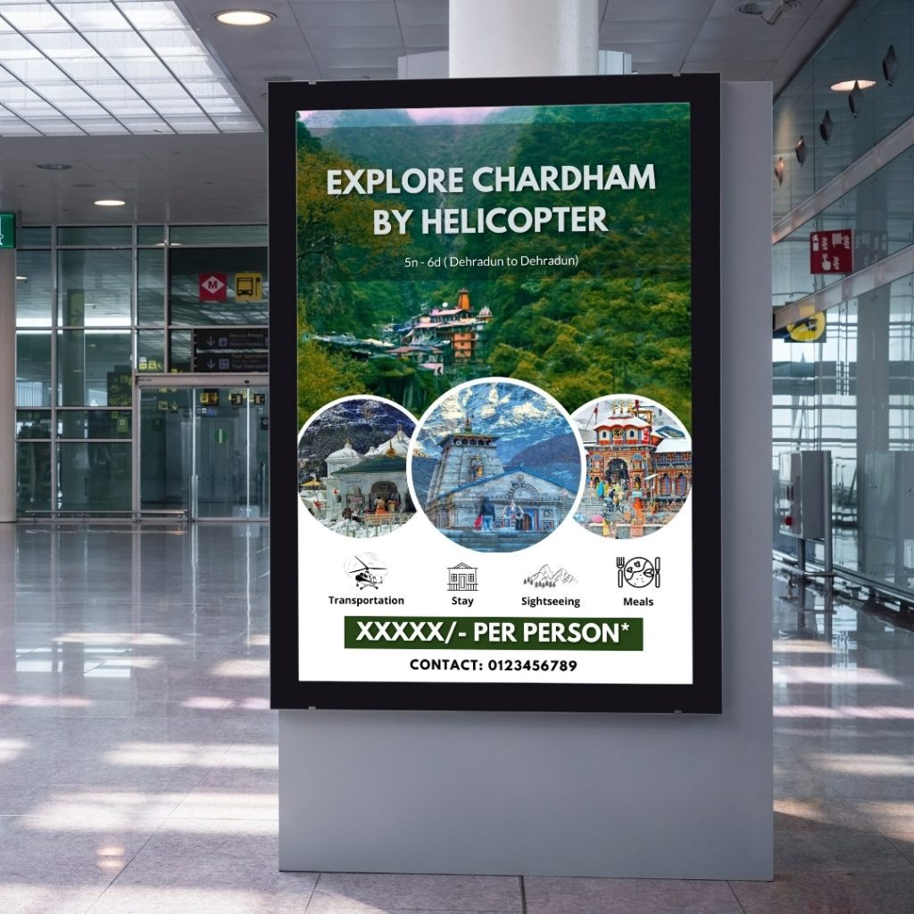 Instagram travel template for Chardham Yatra by helicopter featuring scenic temples, lush hills, tour icons, and contact details for booking.