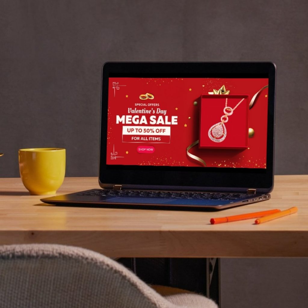 Red Valentine's Day sale template with sparkling pendant in gift box, offering up to 50% off all items and a bold "Shop Now" button.