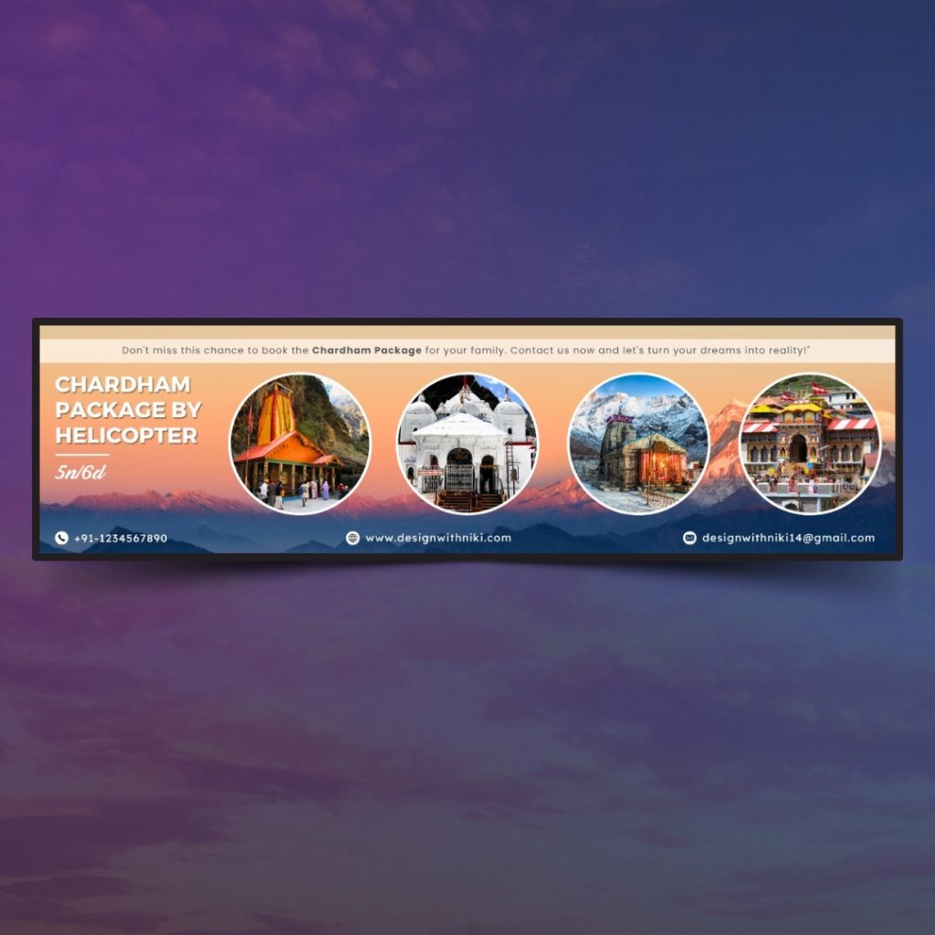 Chardham package by helicopter banner showing four sacred temples with mountain backdrops and tour details including contact info and website.