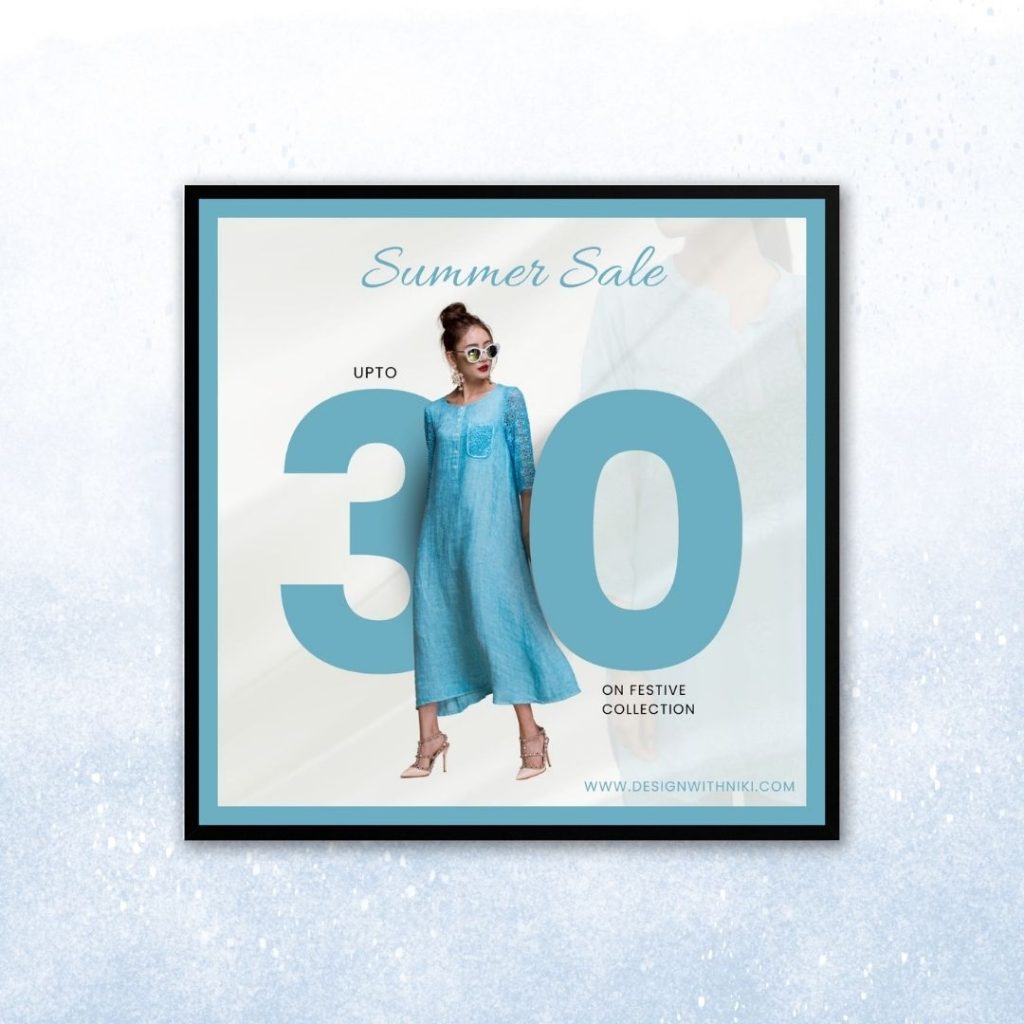 Stylish summer sale fashion template featuring a woman in a blue ethnic dress with up to 30% off on the festive collection.