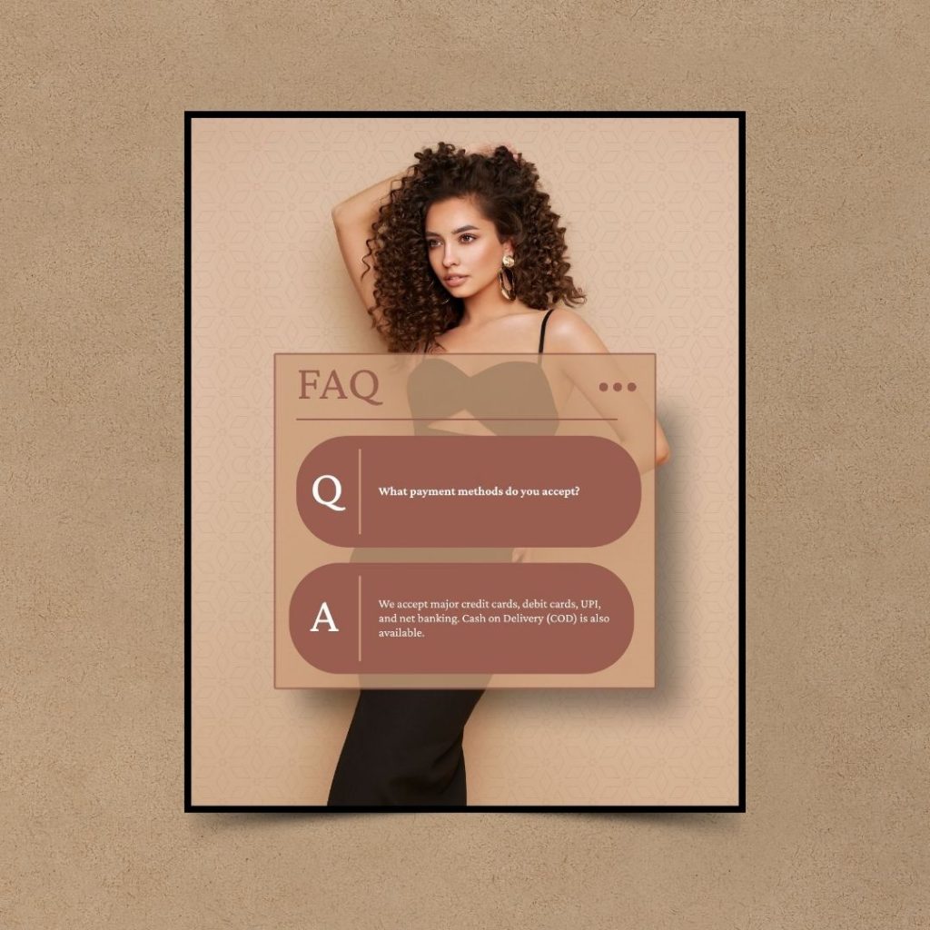 Stylish FAQ template with a fashion model and a payment methods Q&A section. Ideal for online stores. Download at www.designwithniki.com.