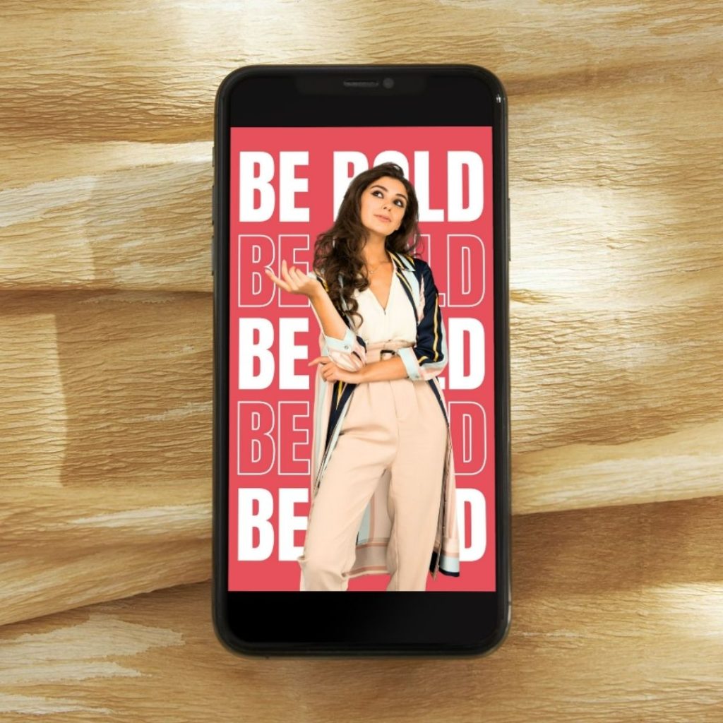 Stylish Instagram reel template featuring a confident woman with “Be Bold” text background. Download at www.designwithniki.com.