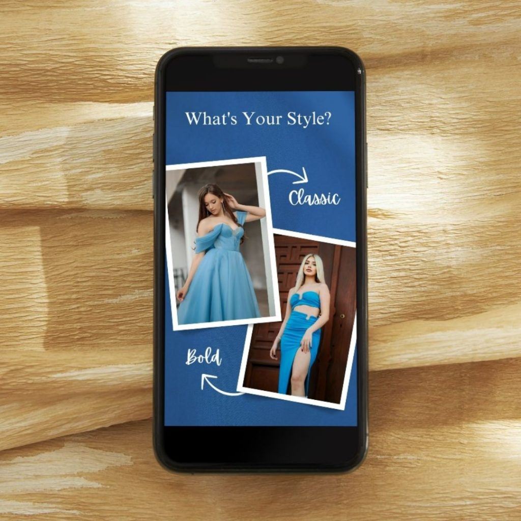 Editable fashion template showcasing two stunning styles – classic off-shoulder gown and bold slit dress in blue, available at Designwithniki.com.