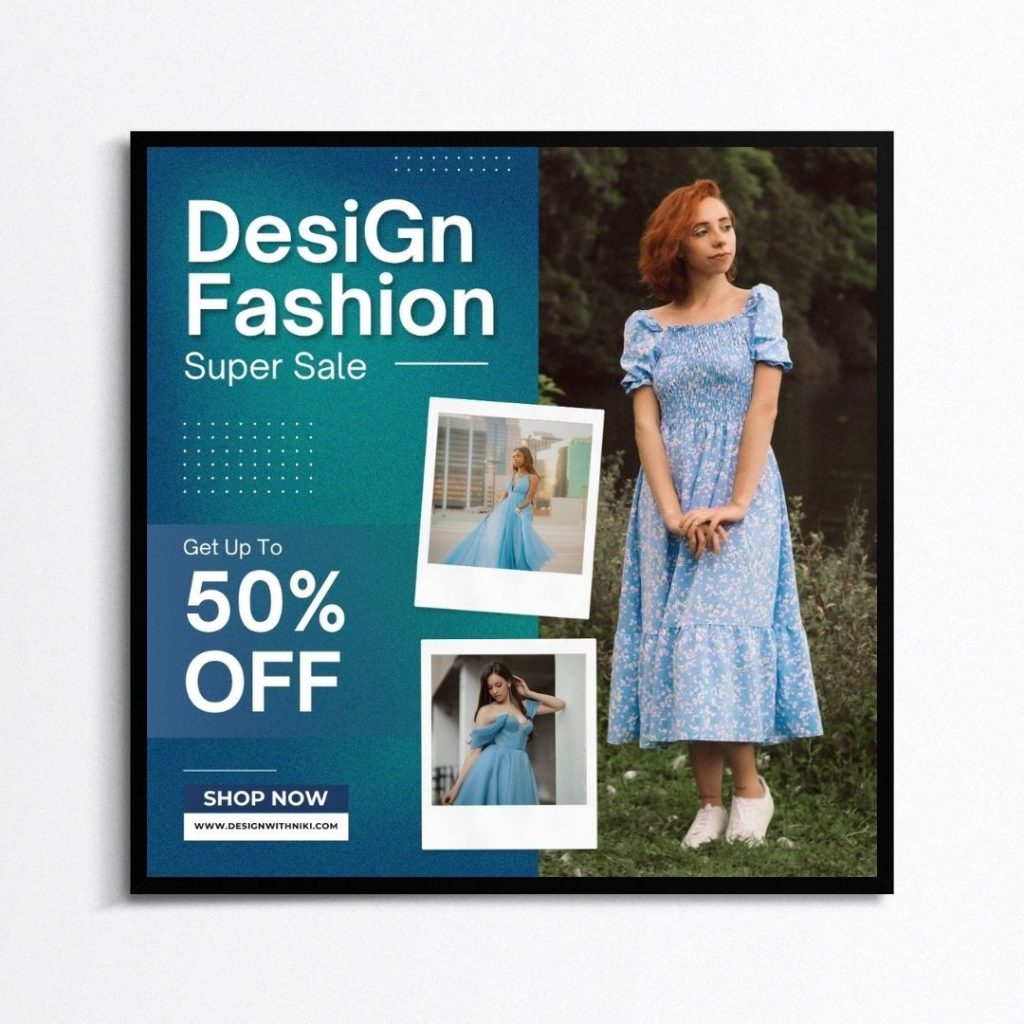 Fashion sale promo template featuring women in elegant blue dresses, offering up to 50% off on styles at www.designwithniki.com. Shop now.