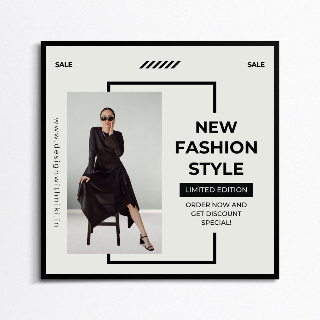Modern fashion sale template featuring a woman in a black dress and sunglasses—perfect for promoting new style deals on www.designwithniki.com
