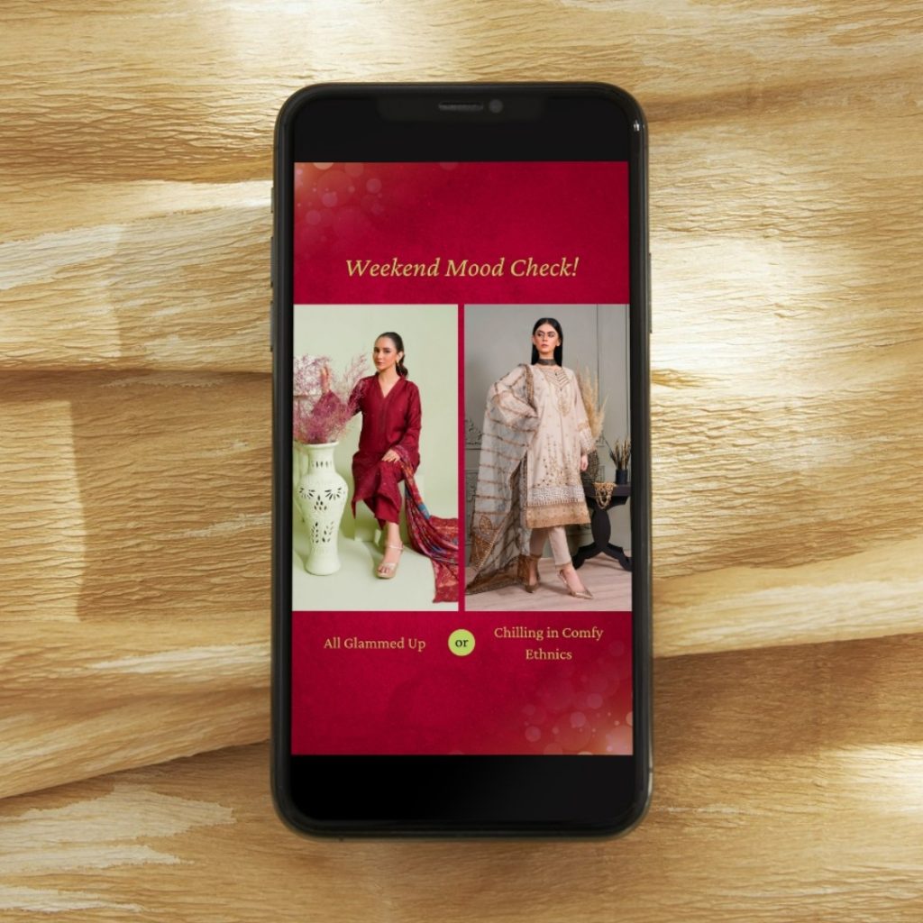 A stylish weekend poll template showcasing two women in elegant ethnic wear—one in glam maroon, the other in comfy neutral tones.