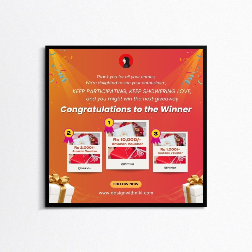 Colorful giveaway winner announcement template with Amazon voucher prizes and user handles, perfect for contest results and engagement posts.
