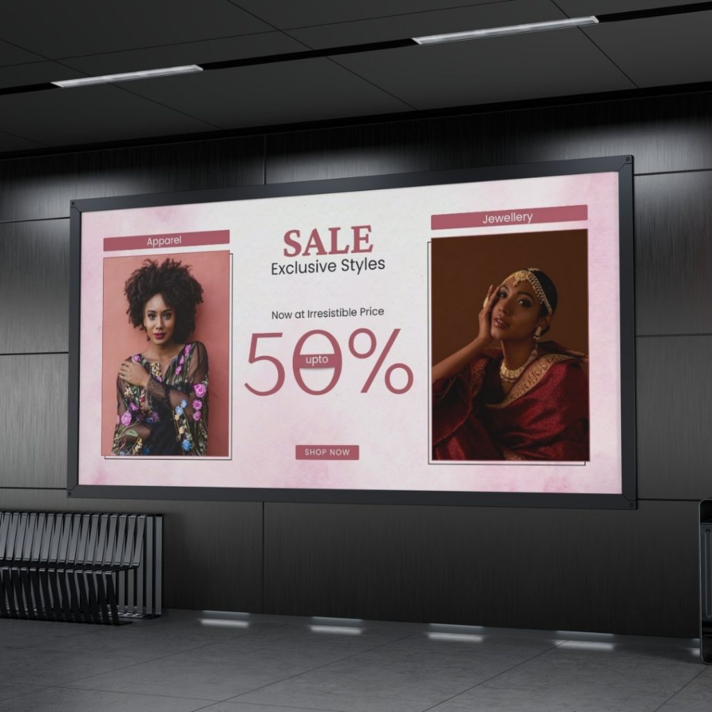 Stylish sale banner template showcasing apparel and jewellery with vibrant models, announcing up to 50% off on exclusive fashion styles.
