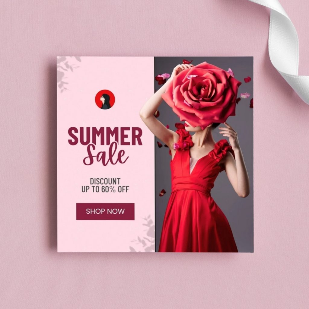 Chic summer sale template featuring a model in a red dress with a large rose head, perfect for fashion promotions with up to 60% discount.