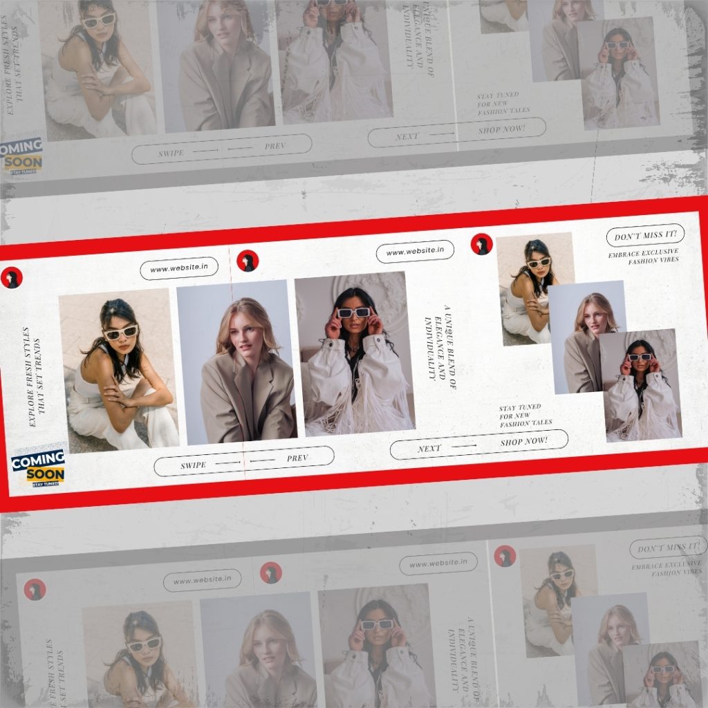 Trendy fashion teaser template featuring stylish women in neutral tones with a bold “Coming Soon” message and swipe navigation prompt.