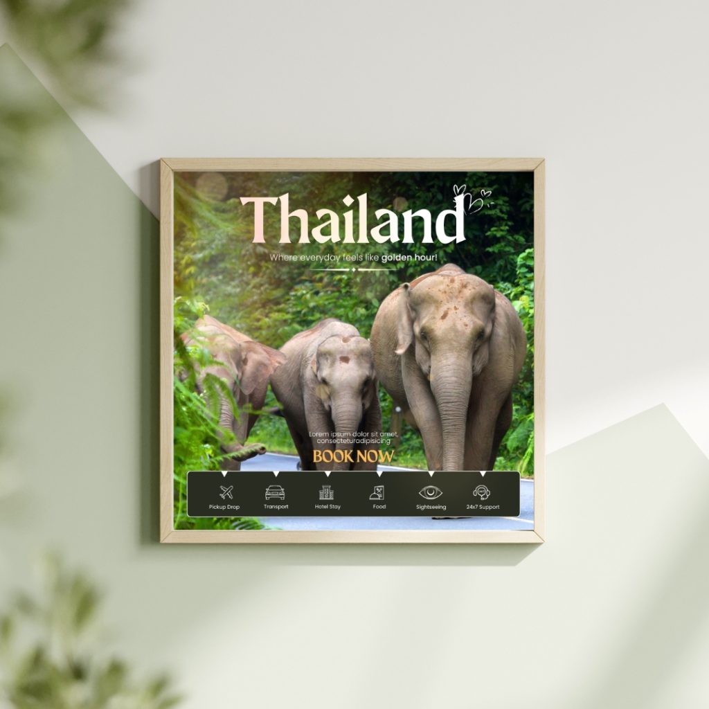 Beautiful Thailand travel template featuring elephants in lush greenery, ideal for promoting nature tours, bookings, and travel services online.