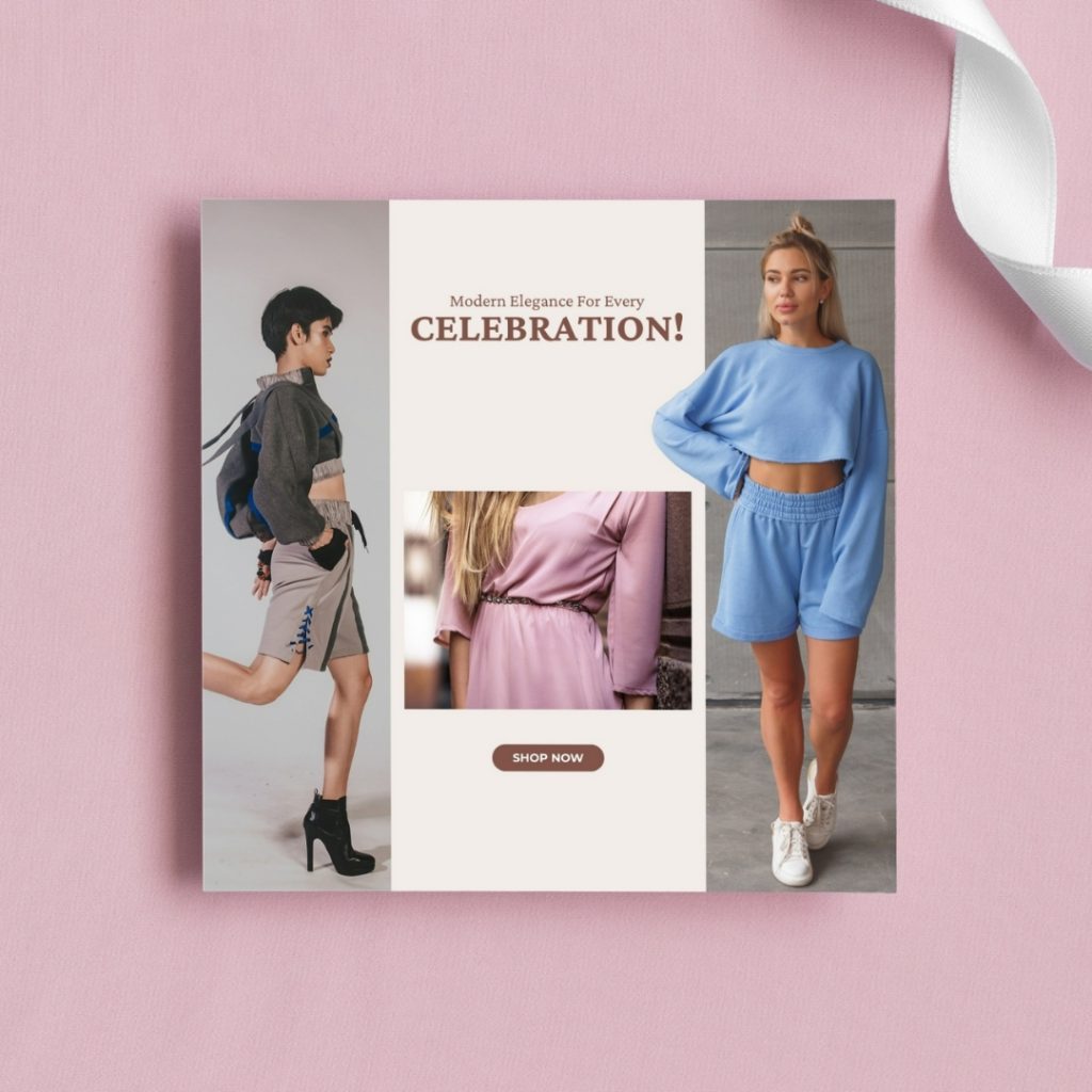 Stylish Instagram post template featuring trendy modern outfits for women—casual wear, chic dresses, and celebration-ready looks.