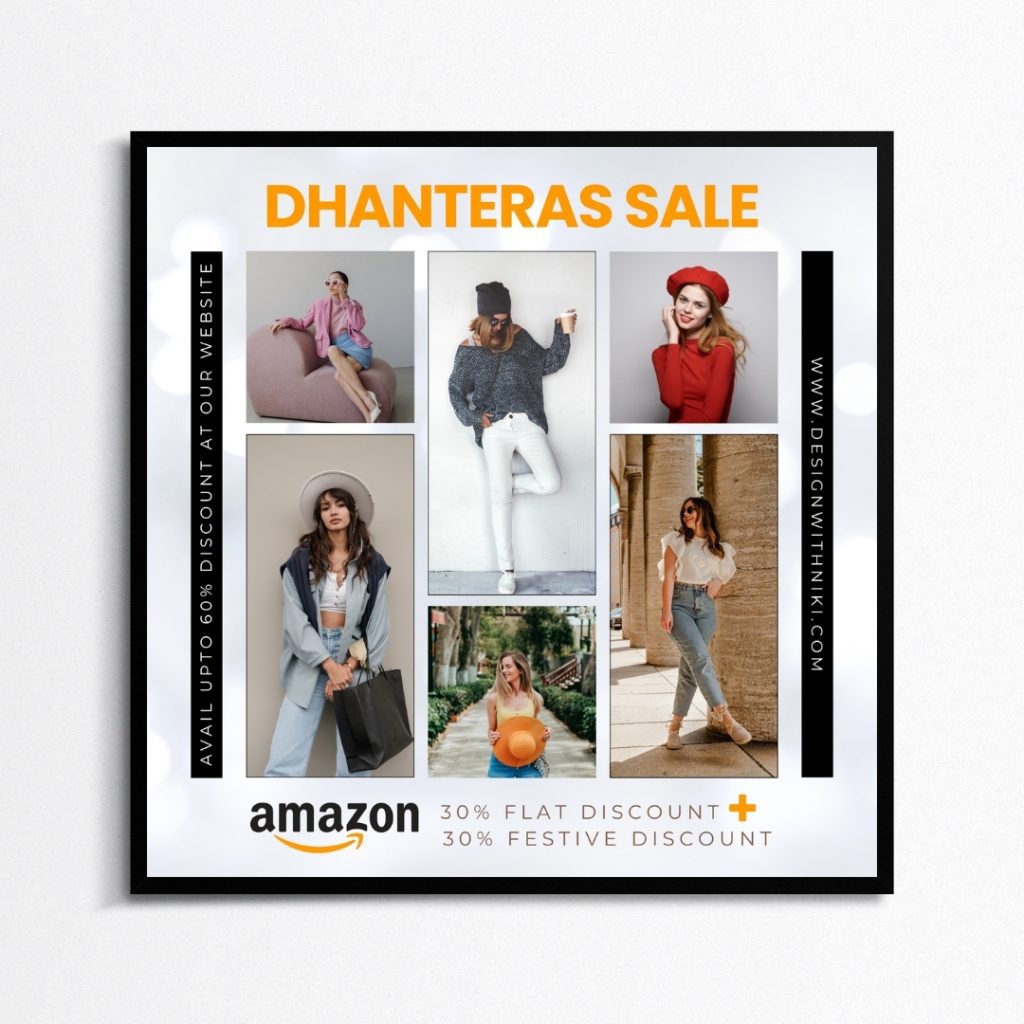 Fashion Dhanteras Sale design with six model photos, up to 60% discount, and Amazon 30% flat plus 30% festive discount offers.