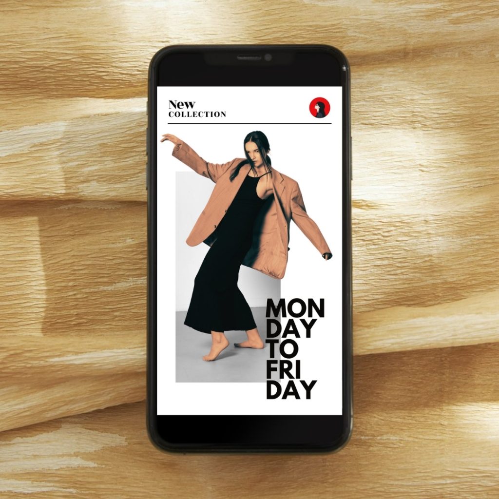 Trendy fashion poster with a barefoot woman in black outfit and oversized blazer promoting a weekday new collection with bold typography.