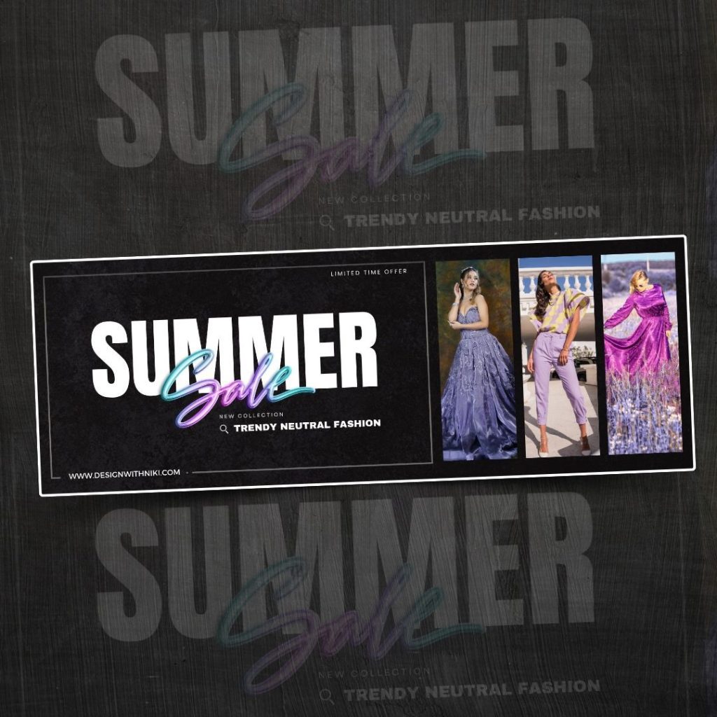 Bold summer sale banner with modern fonts and lavender-themed outfits, perfect for showcasing new fashion collections on your website or store.