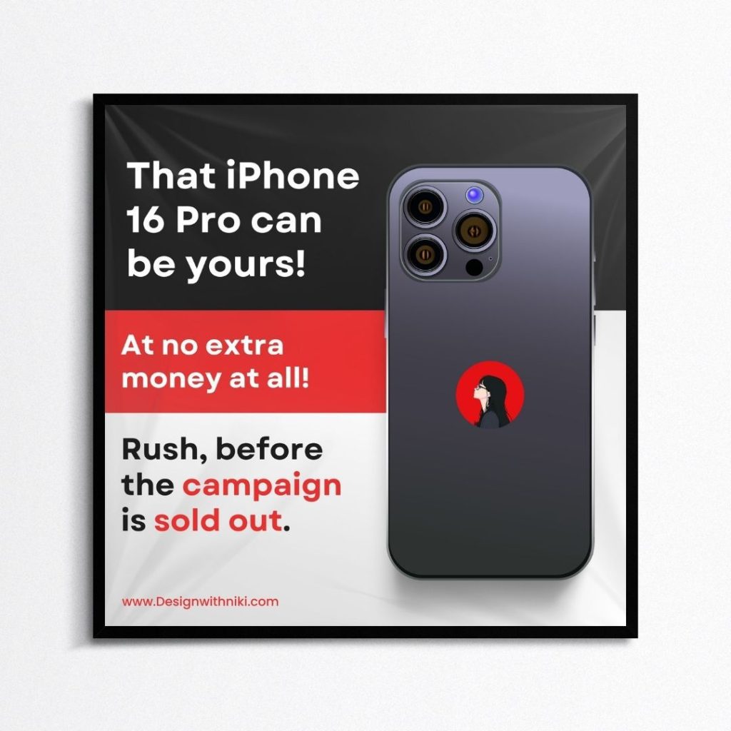 Black and red promo image featuring iPhone 16 Pro giveaway with bold text offering a free campaign chance on www.designwithniki.com.