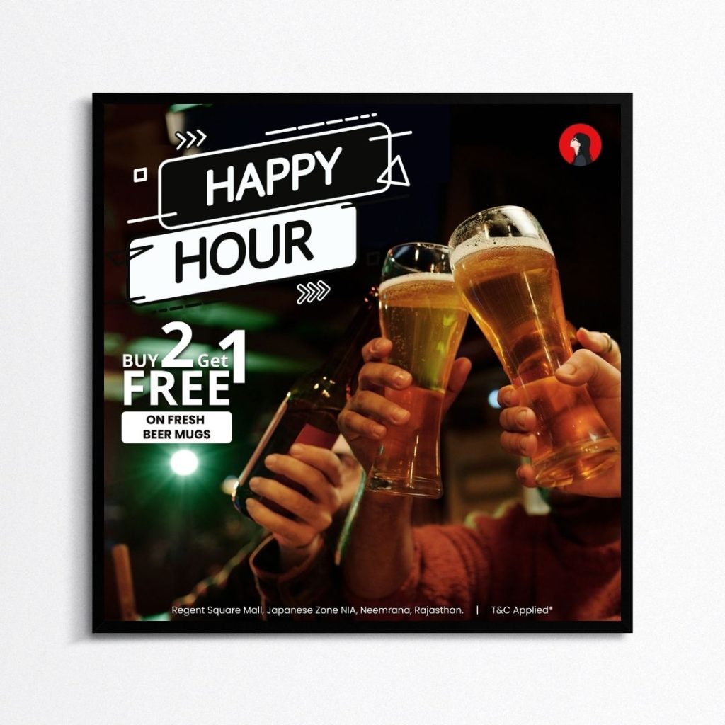 Happy Hour Canva template showing friends toasting beer mugs with bold Buy 2 Get 1 Free text, perfect for bar promotions.