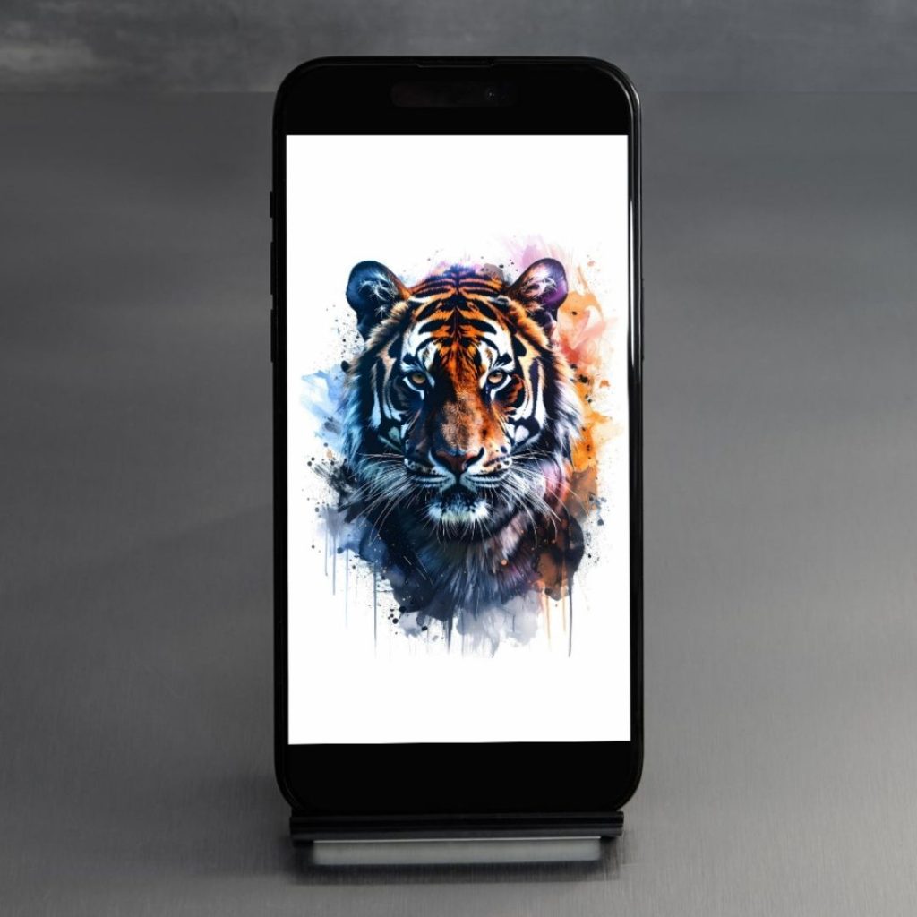 Artistic tiger phone wallpaper with intense gaze and watercolor splashes in orange, blue, and black on a clean white background.