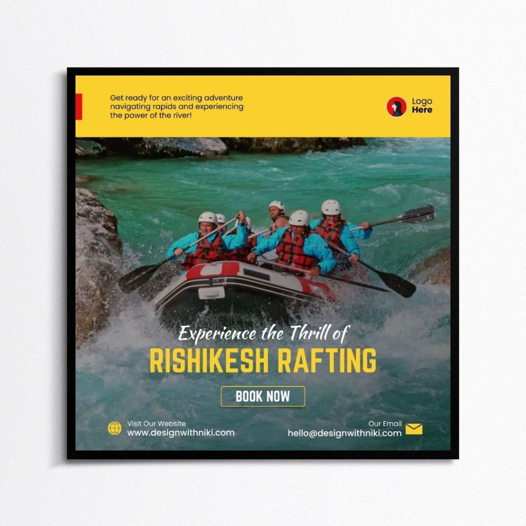Adventure rafting flyer template with people paddling through river rapids, perfect for Rishikesh tour promotions and travel ads.