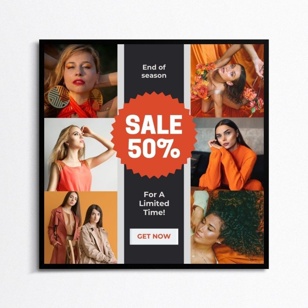 Fashion sale Canva template with bold “50% OFF” message and stylish models, perfect for end-of-season promotional posts.