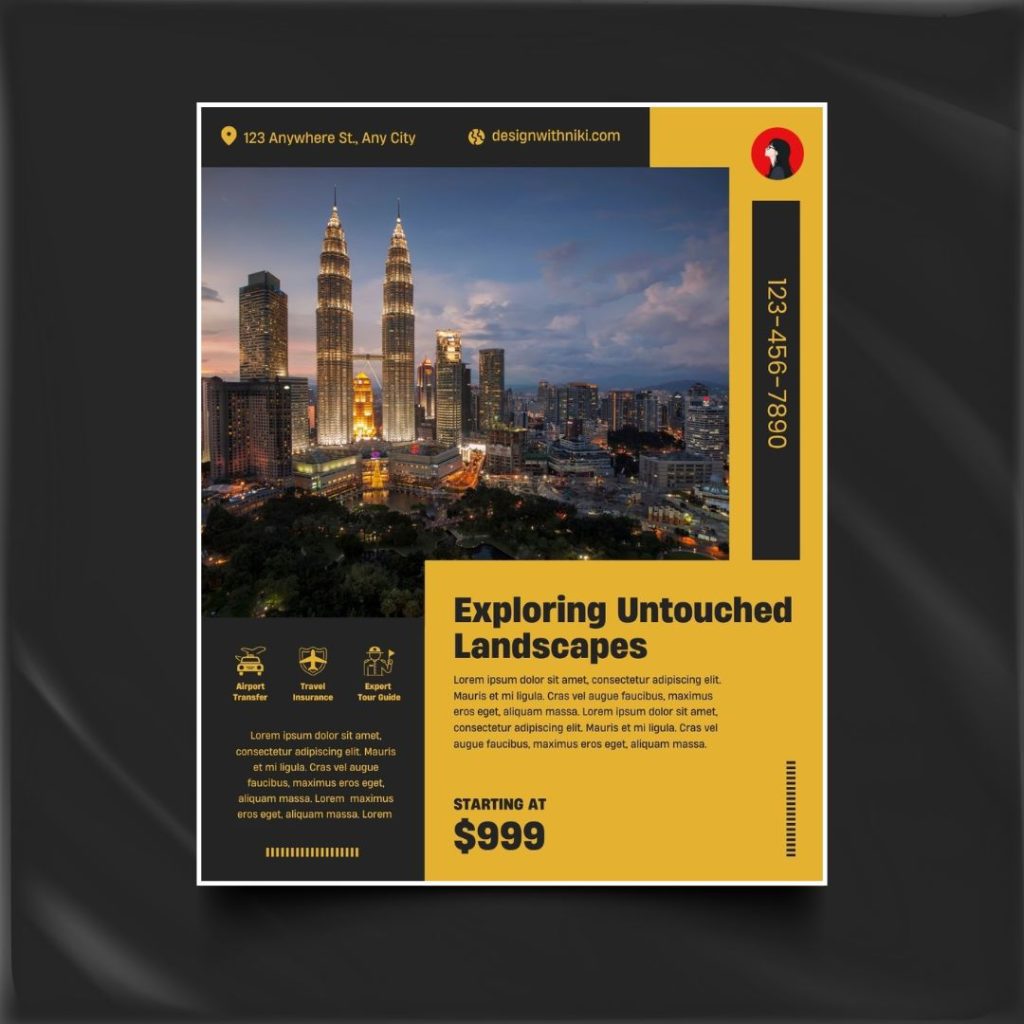 Travel promo Canva template featuring Kuala Lumpur skyline with price details and icons for tour features and benefits.