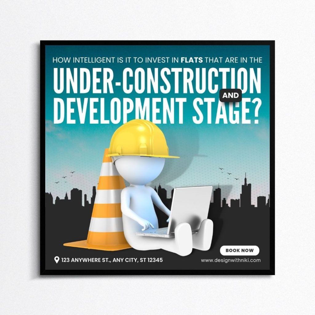 Real estate flyer promoting investment in under-construction flats. Ideal Canva template for builders, developers, and property marketers.