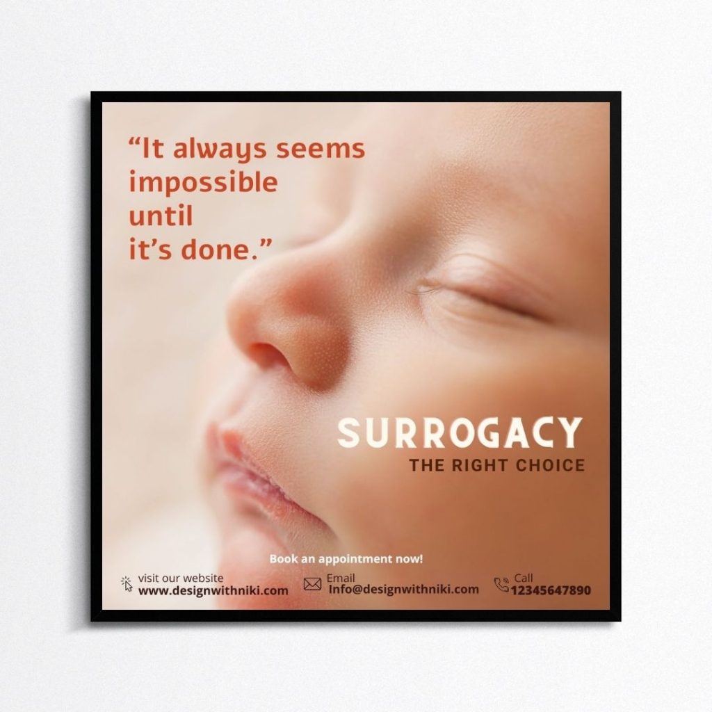 Editable Canva flyer promoting surrogacy with an inspirational quote, newborn close-up, and contact info to book appointments easily and raise awareness.