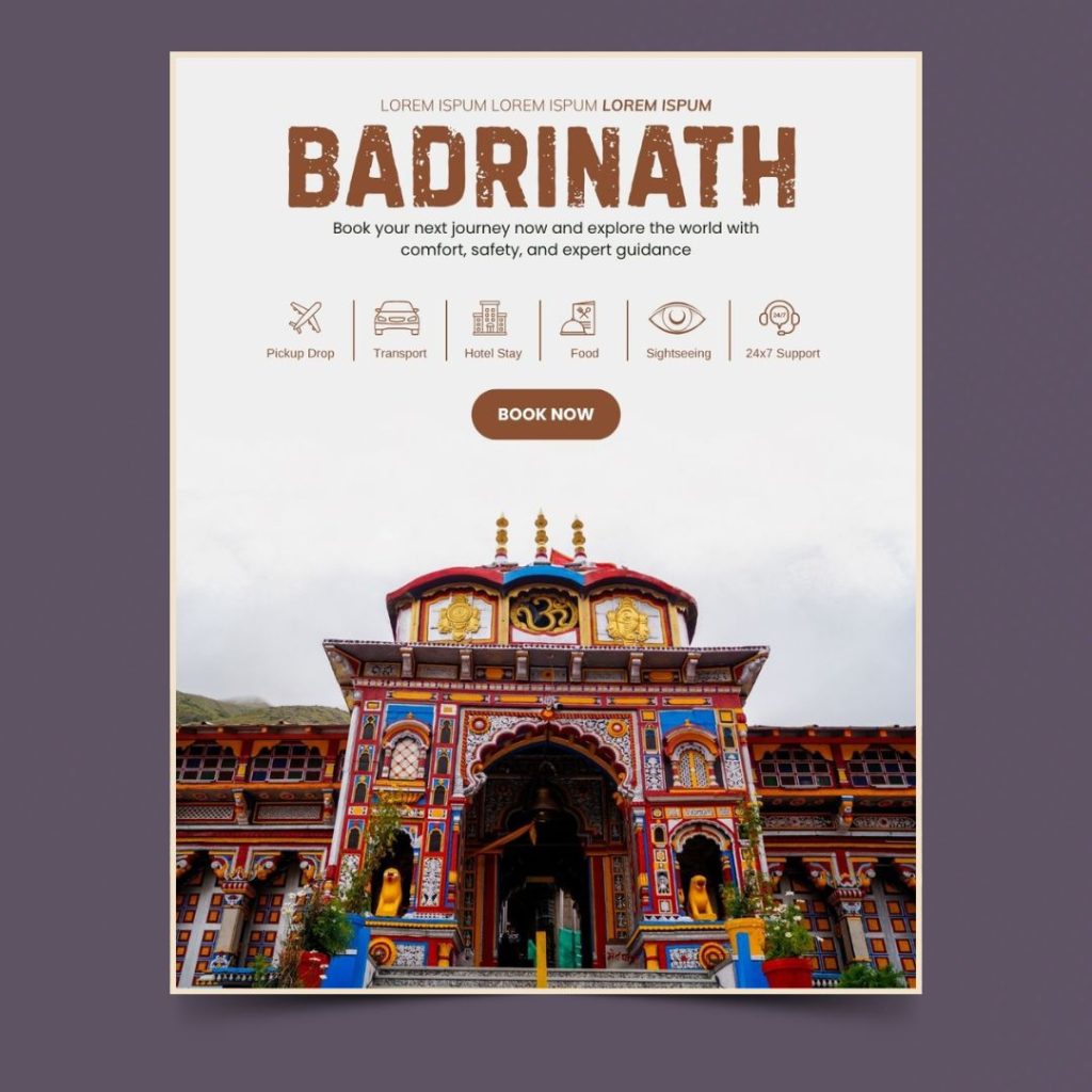 Badrinath tour poster template featuring the vibrant entrance of Badrinath temple, perfect for promoting religious and spiritual travel packages.