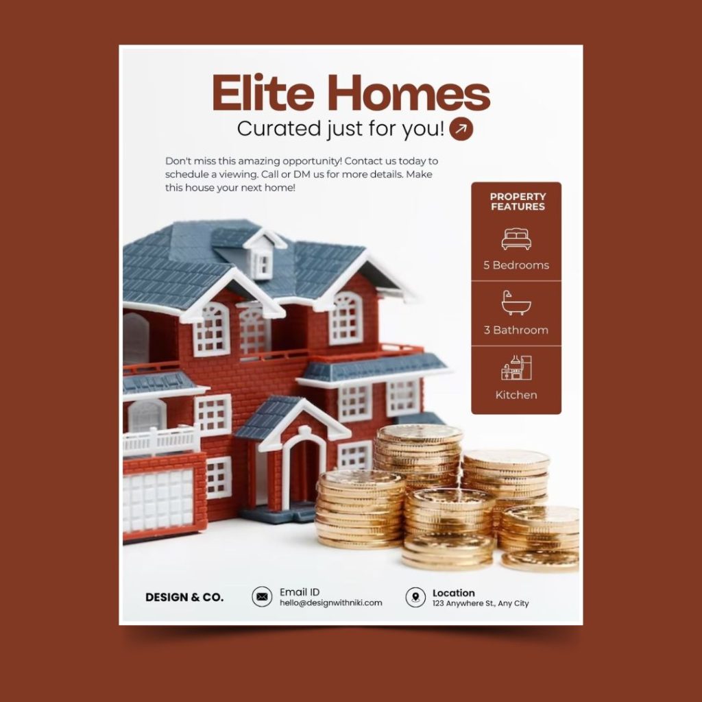 Free Canva Real Estate template with a luxury home model and coins. Ideal for property ads, housing promotions, and professional realtor marketing.