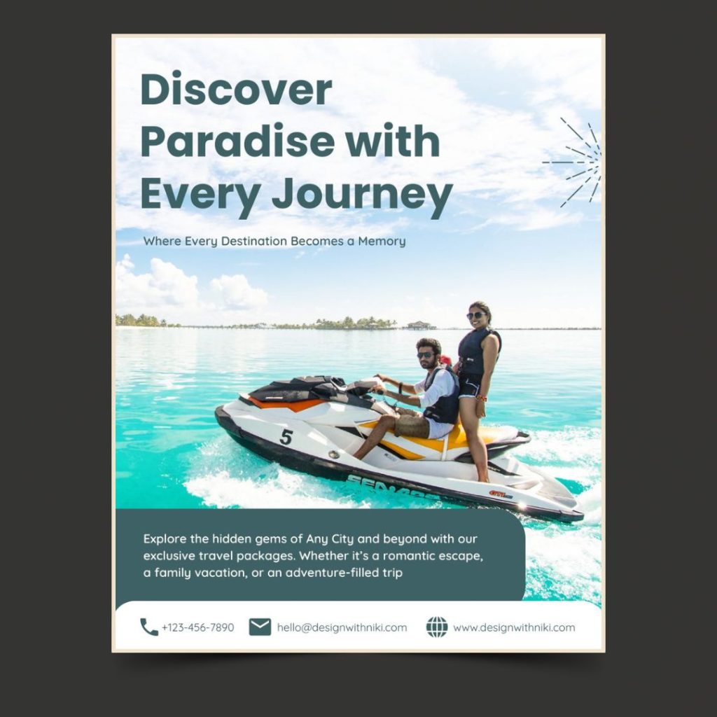 Tropical beach tour template showing a couple on a jet ski in turquoise water, perfect for travel agencies promoting luxury beach getaways.