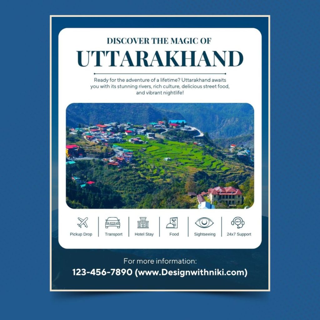 Uttarakhand tour template showing lush green hills, colorful village homes, and icons for travel services like transport, stay, and sightseeing.