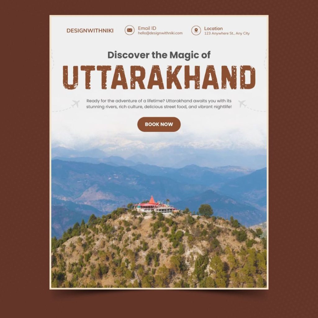 Uttarakhand travel design showcasing a hilltop temple surrounded by Himalayan ranges, ideal for promoting tours, treks, or spiritual getaways.