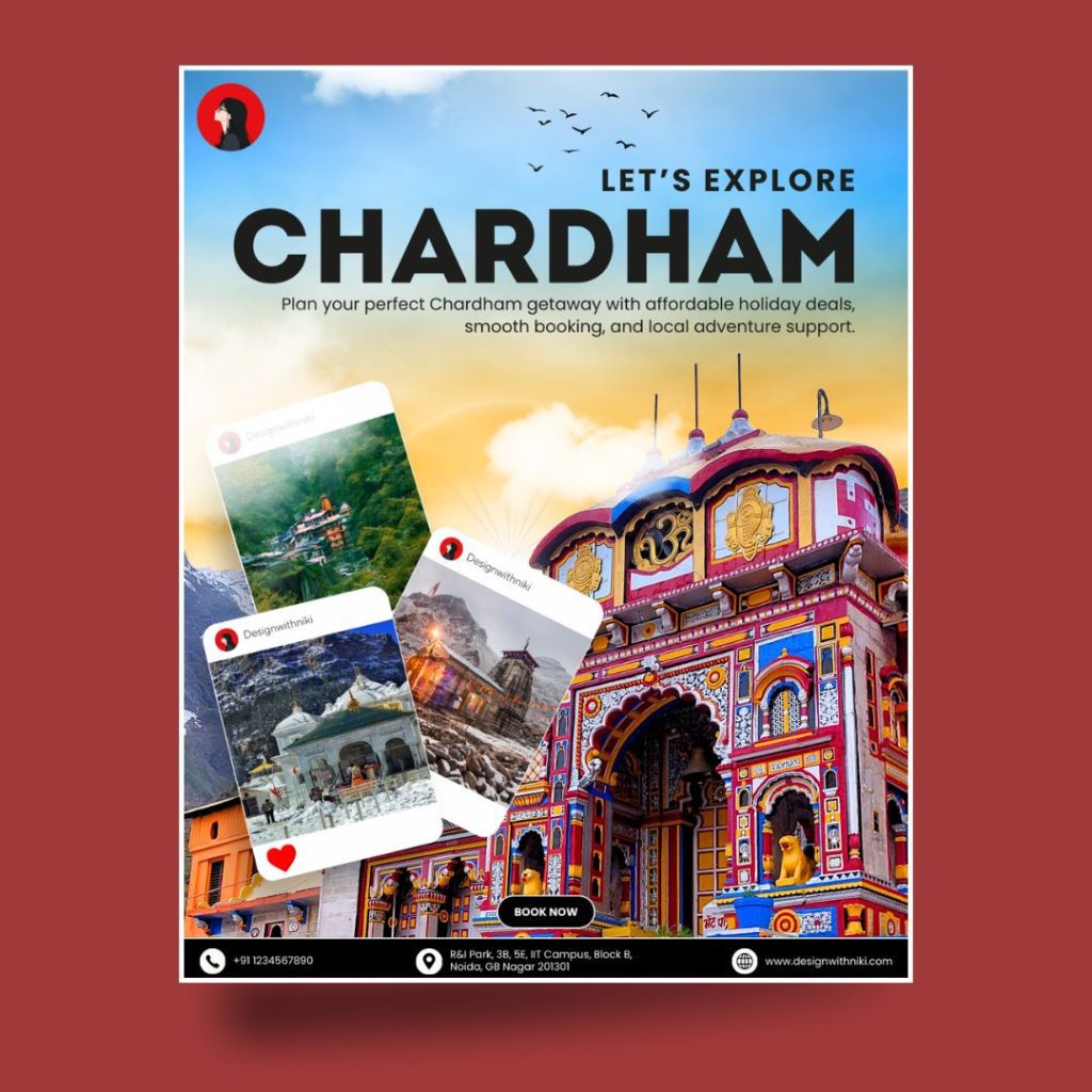 Free Canva travel template featuring colorful Chardham design, highlighting temples, holiday deals, and tour promotions for travel agencies.