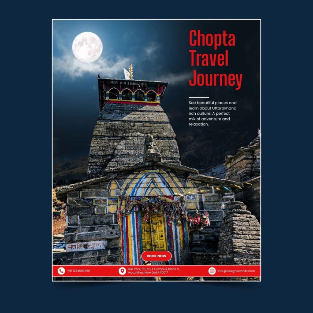 Free Canva travel poster template showing the Tungnath temple in Chopta at night with a full moon and 'Chopta Travel Journey' text.