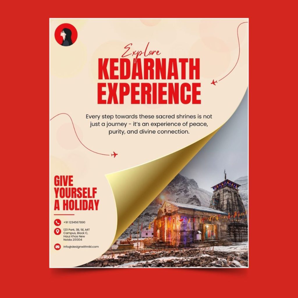 A travel poster for the 'Kedarnath Experience' featuring an illuminated temple at night. Free Canva template for promoting spiritual Himalayan journeys.