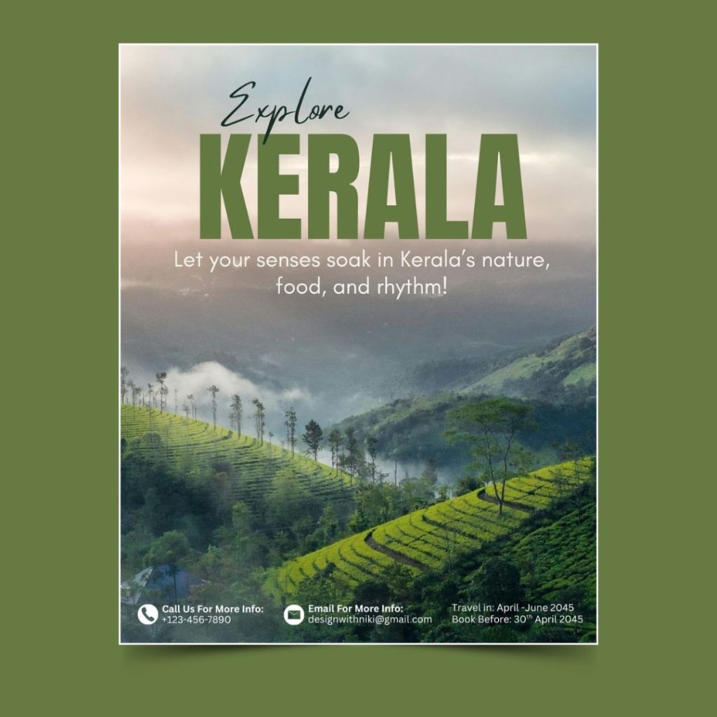 Travel flyer template with 'Explore Kerala' text over a stunning image of green, rolling tea plantations in Munnar. Free Canva template for travel agents.