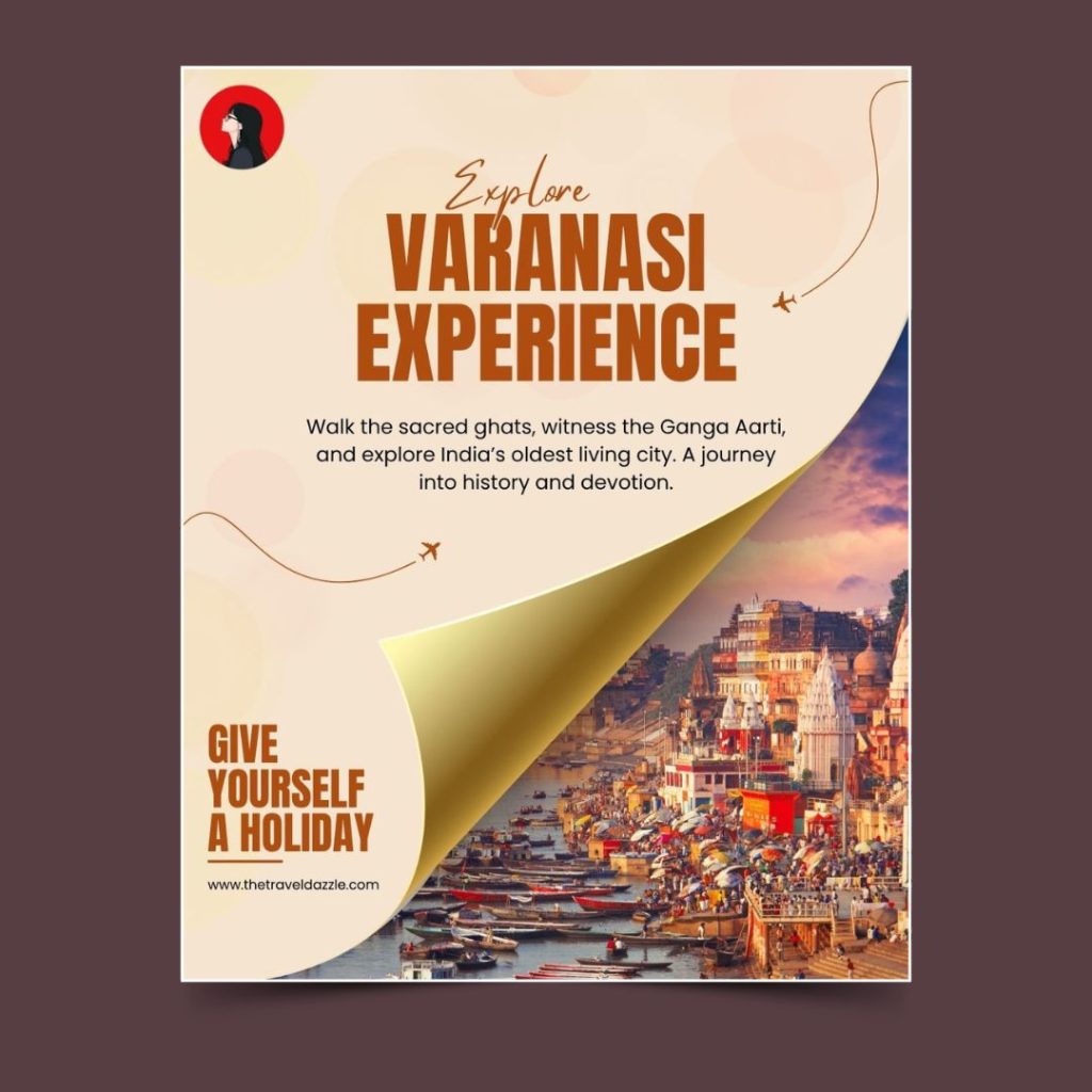 Digital travel poster featuring 'Explore Varanasi Experience' text with an image of boats on the Ganges river at sunset. Free Canva social media template.