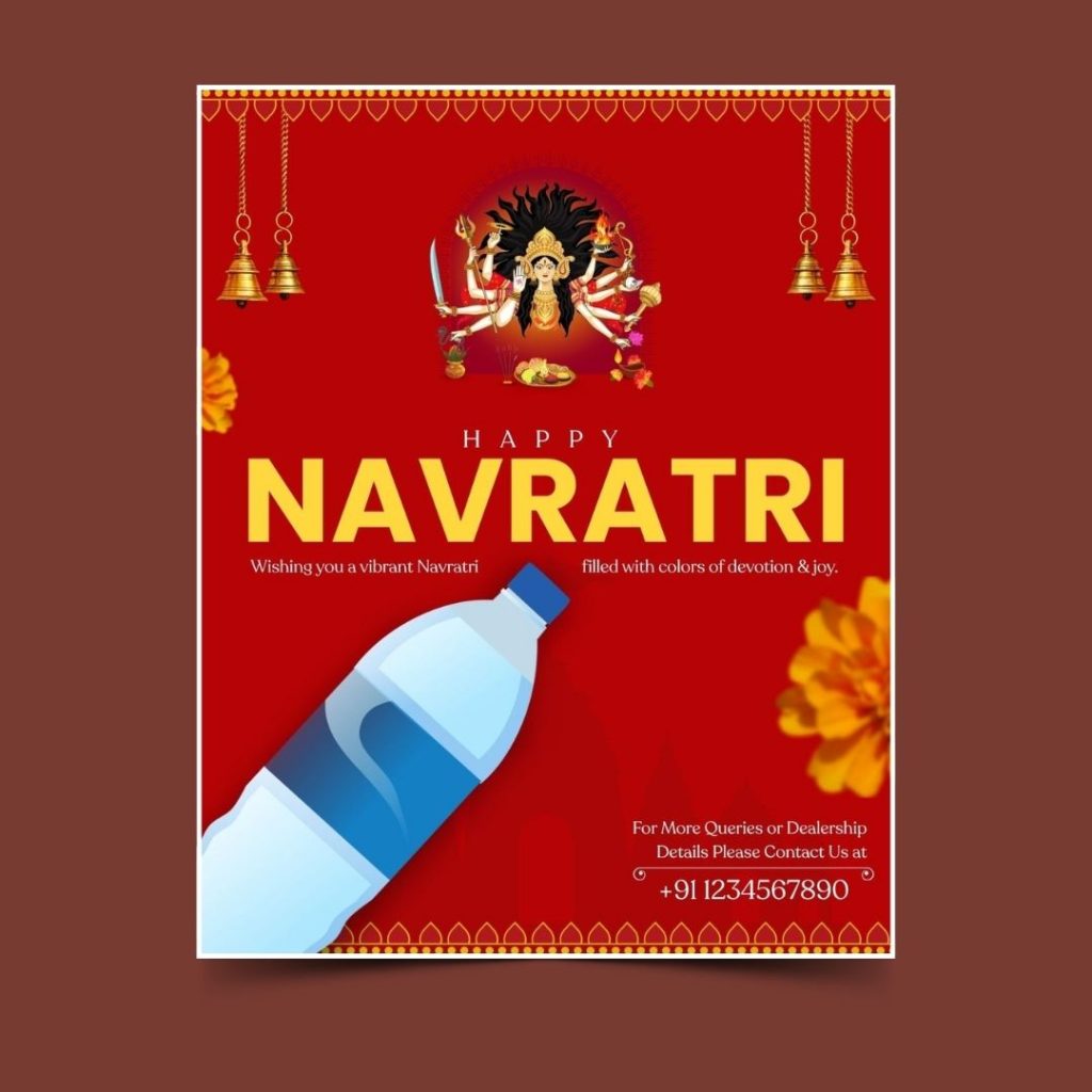 Free Canva Navratri festival template featuring Goddess Durga, vibrant red background, and festive design for greetings, brands, and promotions.