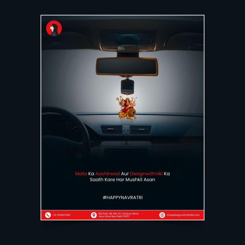 A Navratri festive post by Designwithniki featuring a car dashboard with a Durga Mata idol, symbolizing blessings for a safe and creative journey.