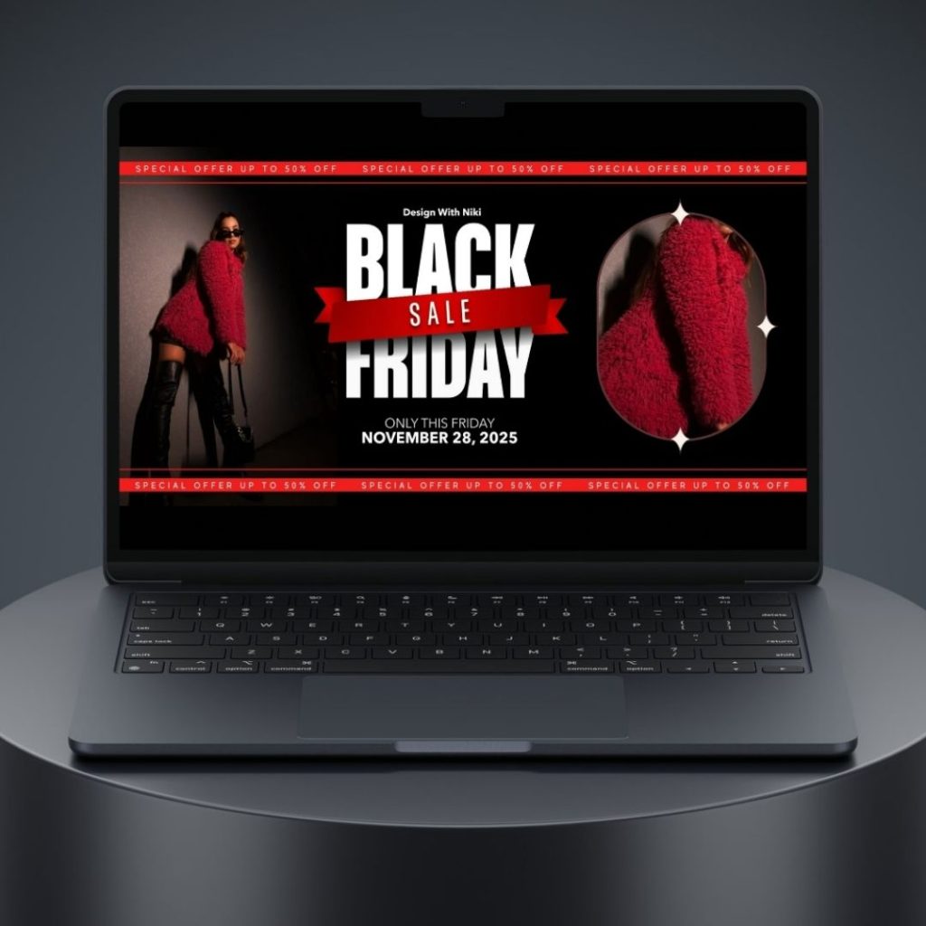 Free Canva Black Friday sale template featuring a woman in a red coat with bold typography and dark theme, perfect for fashion sales and promotions.