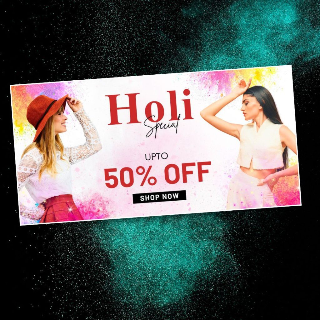 Free Canva Holi fashion sale template featuring two stylish models and colorful background, perfect for festive offers, ads, and brand promotions.