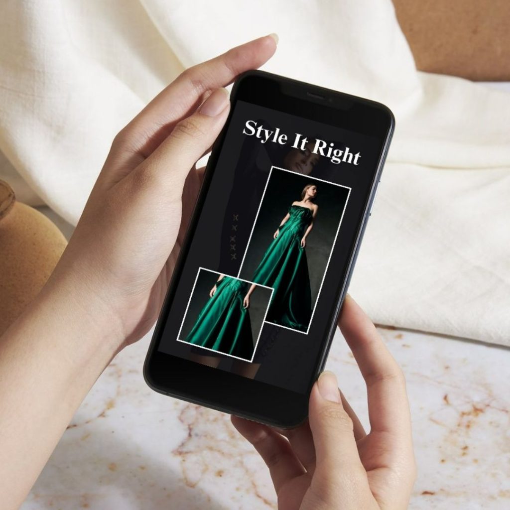 Free Canva fashion template featuring an elegant model in a green gown on a dark background, perfect for clothing brands and fashion promotions.