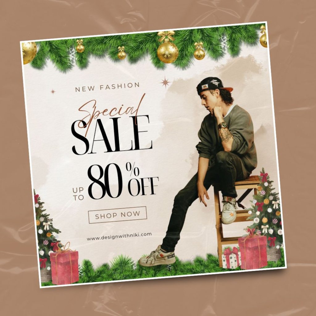 Free Canva fashion sale template featuring a stylish man with festive Christmas decorations, ideal for promoting fashion brand discounts.