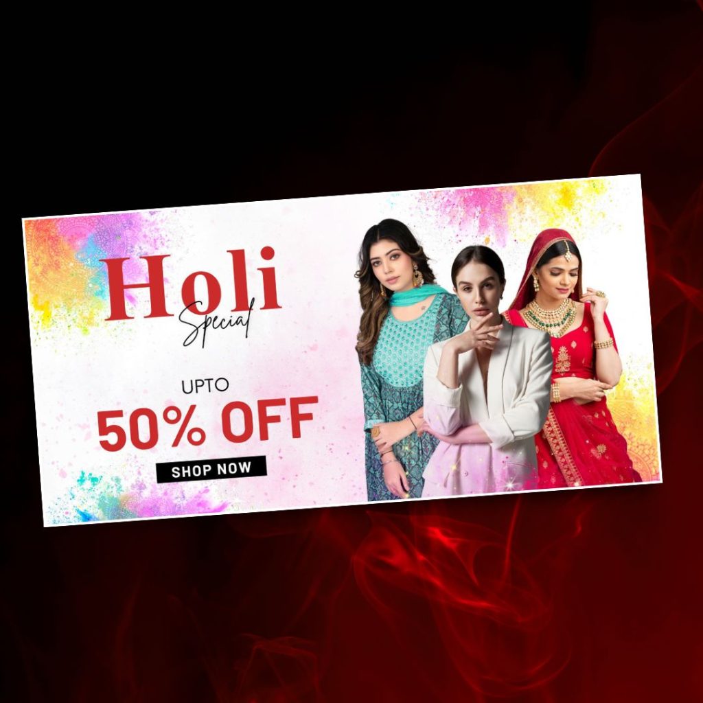 Free Canva Holi fashion sale template featuring women in ethnic outfits with colorful splashes, perfect for festive ads and brand promotions.