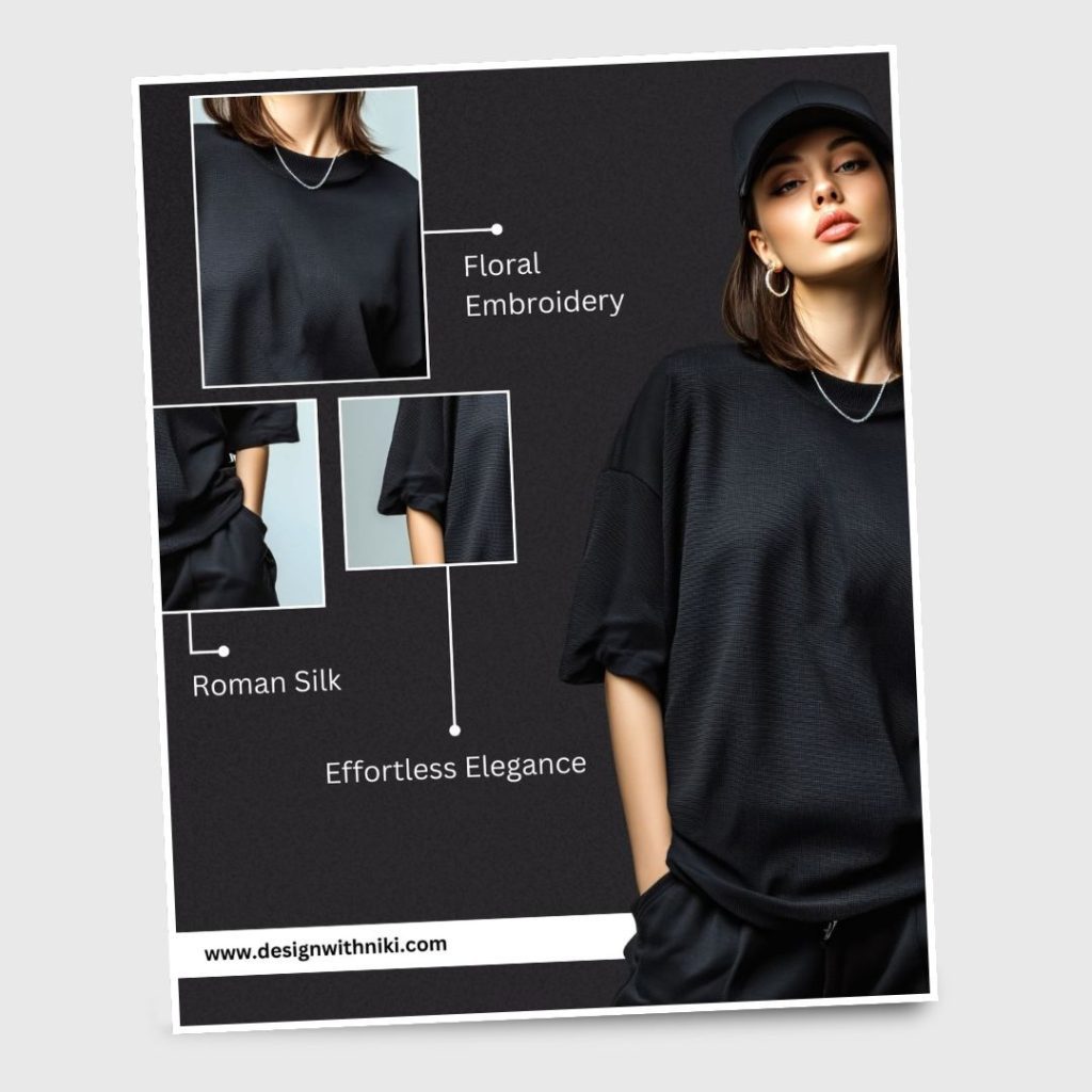 Free Canva fashion template featuring a woman in a black outfit with floral embroidery and Roman silk texture, perfect for apparel branding and design.