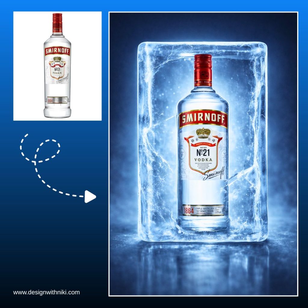 AI-generated image of a Smirnoff vodka bottle encased in a block of ice, showcasing ultra-realistic frozen effect and premium product lighting.