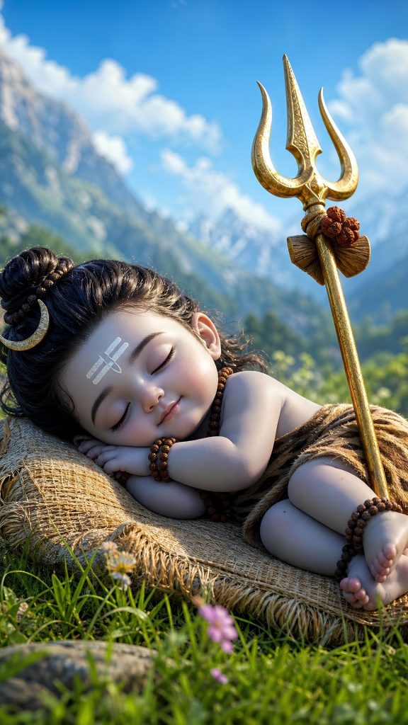 Free 3D style wallpaper of an adorable baby Lord Shiva sleeping peacefully on a woven mat in nature, with mountains and a golden trishul.