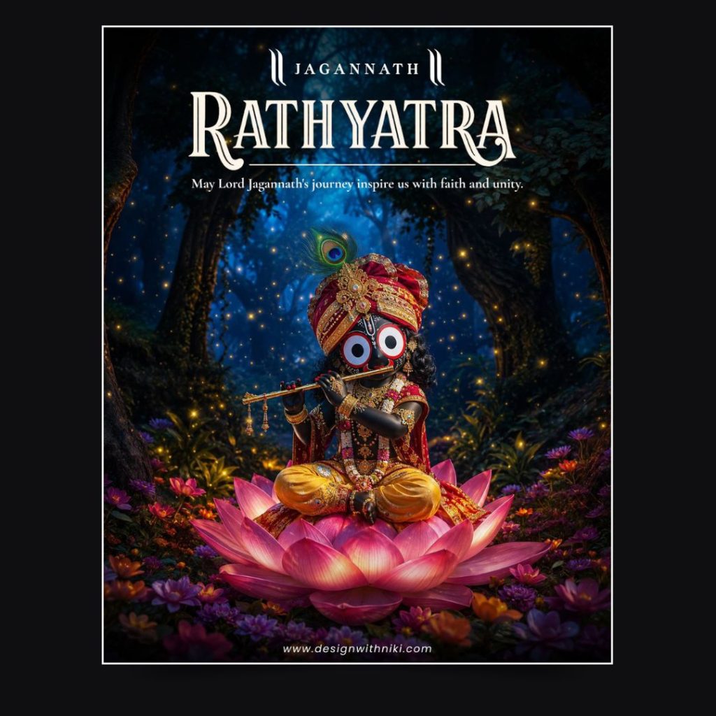 Jagannath Puri Canva template featuring Lord Jagannath seated on a pink lotus in a mystical forest, ideal for Rath Yatra greeting posts.