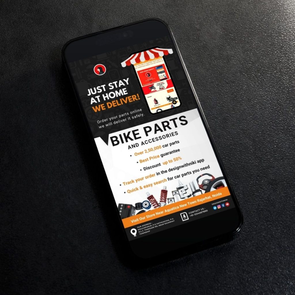 Promotional banner for bike parts and accessories with online ordering, home delivery, and up to 50% discount